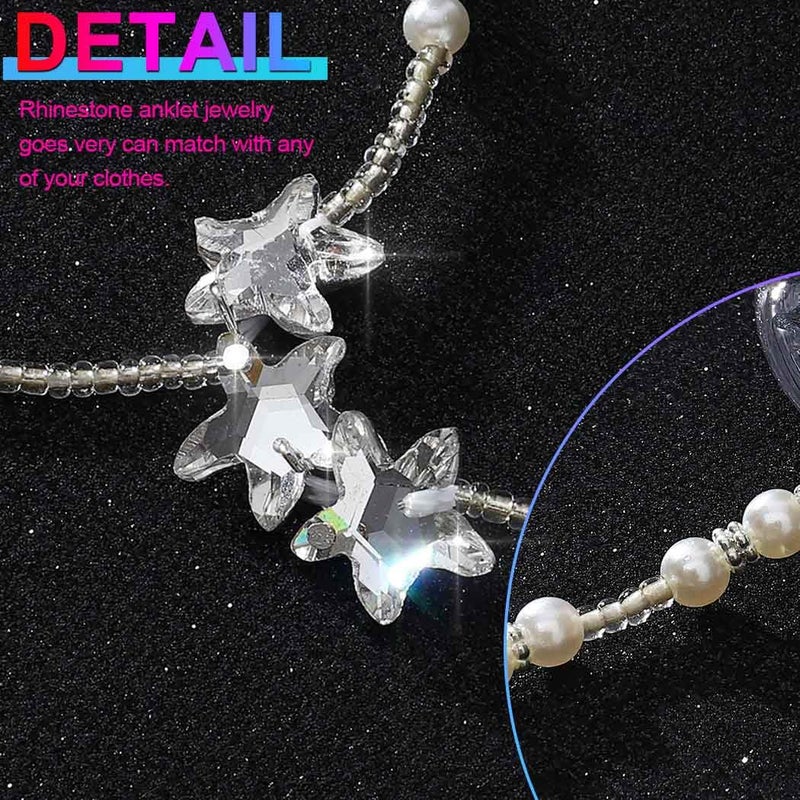 Nicute Boho Pearl Barefoot Sandals Anklet Rhinestone Silver Star Anklet Chain Wedding Summer Beach Foot Chain Jewelry for Women (2 Pieces) - Image 3